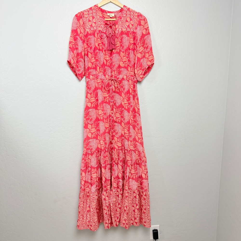 Elan Coral Pink Floral Tiered Maxi Dress Boho Tassel Tie Neck Medium
